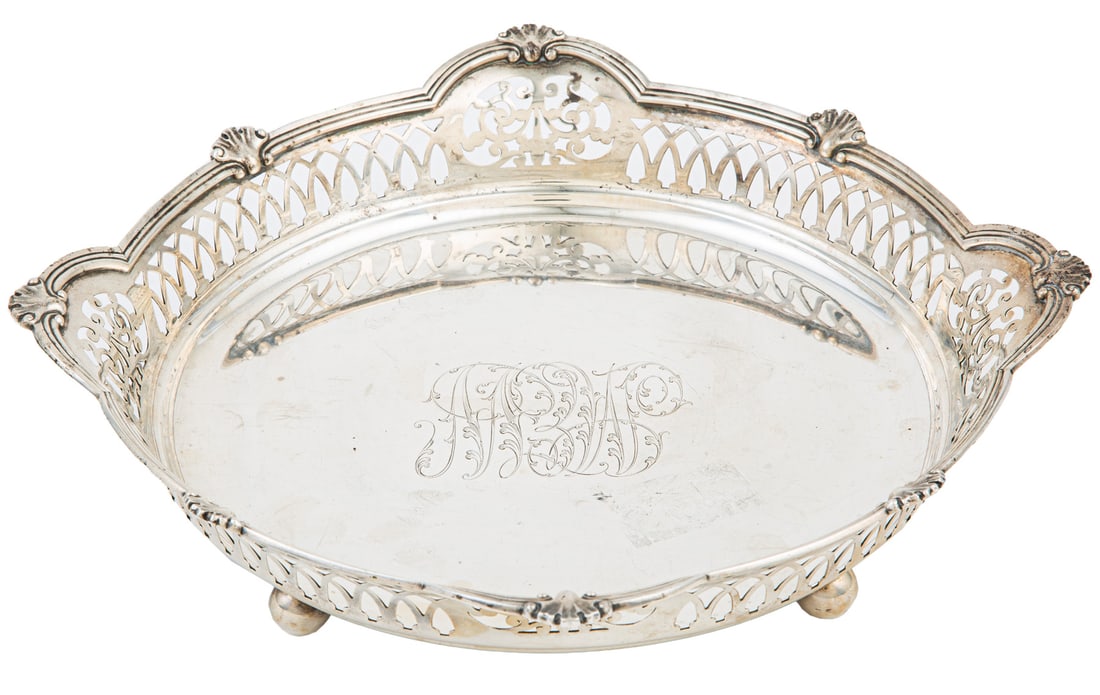 Fine American Sterling Silver Gallery Tray weight 17.25 troy ozs.: Fine American Sterling Silver Gallery Tray , Dominick & Haff, New York, NY, 1887, ret. J.E. Caldwell & Co., Philadelphia, circular with shaped reticulated gallery interspersed with shells, monogrammed