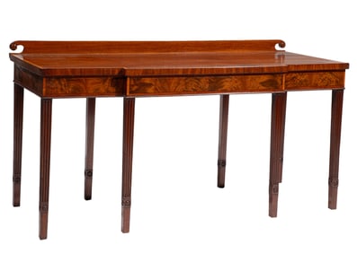 English Regency Satinwood Inlaid Mahogany Breakfront Serving Table h. 34 in., w. 66 in., d. 27 in.