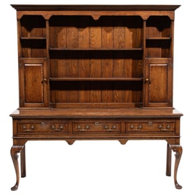 Queen Anne-Style Inlaid Carved Oak Welsh Dresser h. 77 in., w. 72 in., d. 19 1/2 in.