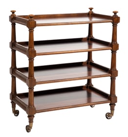 English Regency-Style Carved Mahogany Four-Tiered Trolley h. 30 in., w. 30 in., d. 17 in.