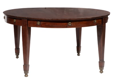 Fine Regency Inlaid Carved Mahogany Jupe-Style Circular Extension Dining Table h. 31 in., dia. 79 1/