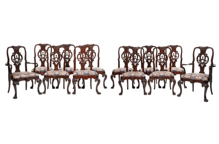 Fine Set of Twelve George I Carved Mahogany Dining Chairs h. 40 in., w. 26 1/2 in., d. 21 in., side 