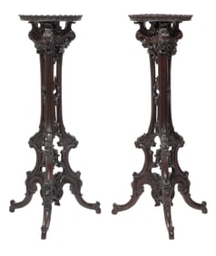 Pair of English Chippendale-Style Carved Walnut Torchères h. 48 in., w. 14 1/2 in., d, 14 1/2 i