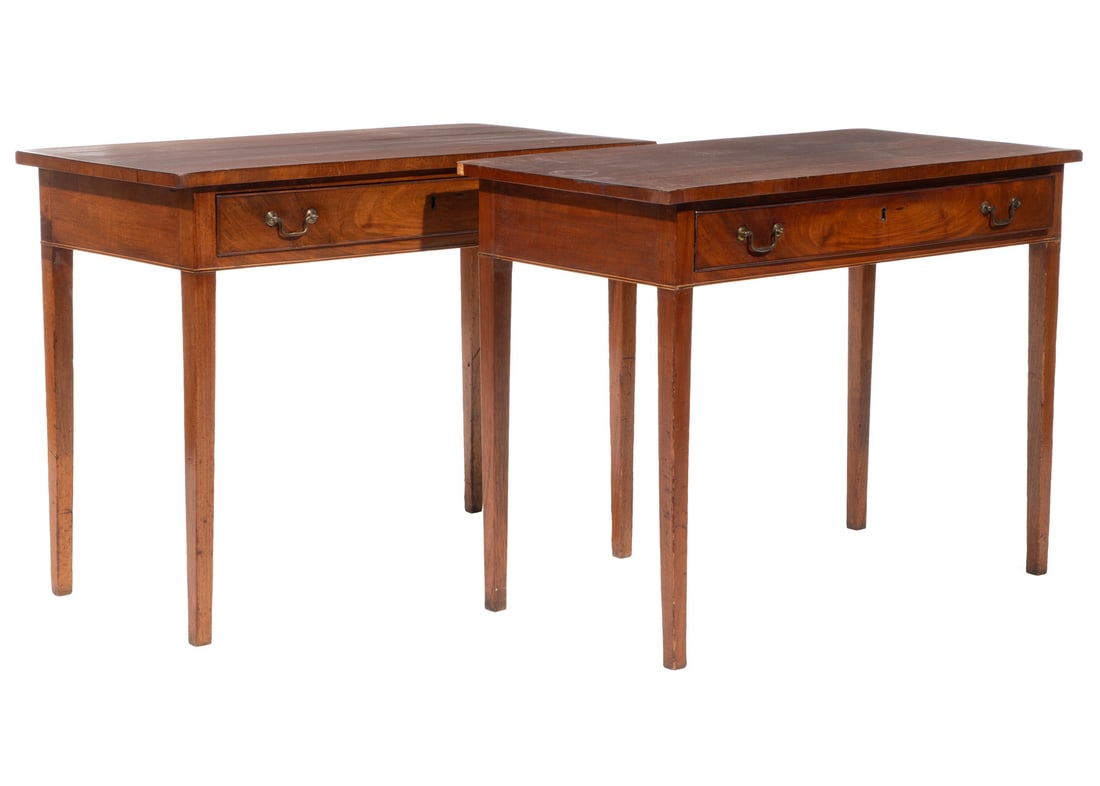 Pair of George III Mahogany Side Tables h. 29 in., w. 38 in., d. 19 5/8 in.: Pair of George III Mahogany Side Tables, beaded drawer with bail handles, square tapered legs, h. 29 in., w. 38 in., d. 19 5/8 in.h. 29 in., w. 38 in., d. 19 5/8 in. Provenance: Henry Stern, New Orlea