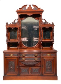 English Aesthetic-Style Carved Mahogany Sideboard h. 100 in., w. 72 in., d. 28 in.