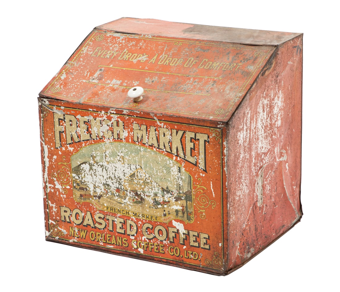 Antique New Orleans Tin Coffee Container h. 17 ½ in., w. 19 in., d. 14 in.: Antique New Orleans Tin Coffee Container , 19th c. with lithographed image of the French Market, h. 17 ½ in., w. 19 in., d. 14 in. h. 17 ½ in., w. 19 in., d. 14 in.