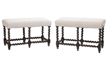 Pair of Baroque-Style Carved Oak Barley Twist Benches h. 20 in., w. 30 1/2 in., d. 16 in.