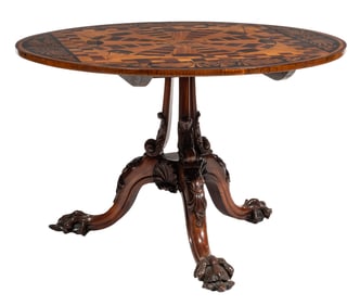 Important Fine Early Victorian Inlaid Specimen Woods, Marquetry and Carved Mahogany Center Table h. 