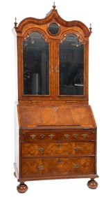 Queen Anne Figured Walnut Secretary Bookcase 90 in., w. 38 in., d. 23 in.