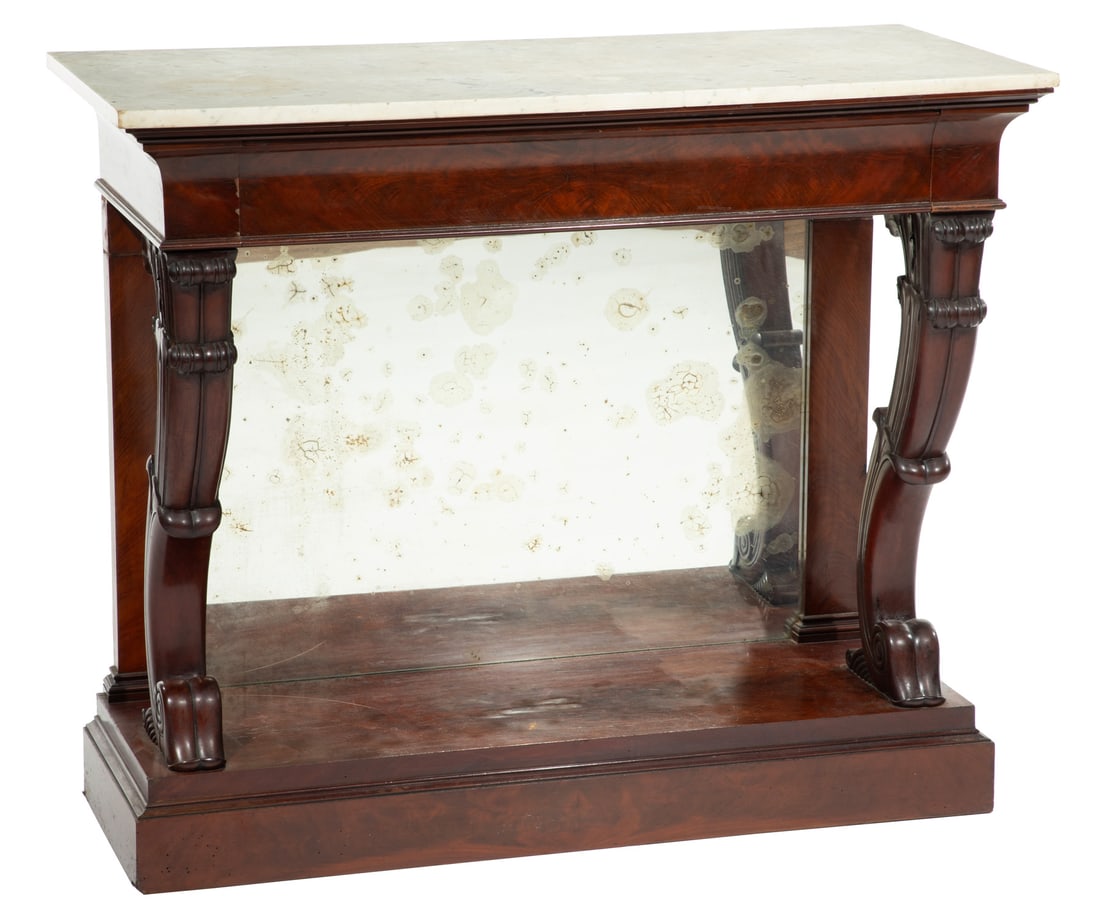 Neoclassical-Style Carved Mahogany Pier Table h. 35 5/8 in., w. 41 5/8 in., d. 18 1/2 in.: Neoclassical-Style Carved Mahogany Pier Table , 19th c., after a Thomas King design, white marble top, blind frieze drawer, scroll carved supports, mirrored back, molded plinth base, h. 35 5/8 in., w.