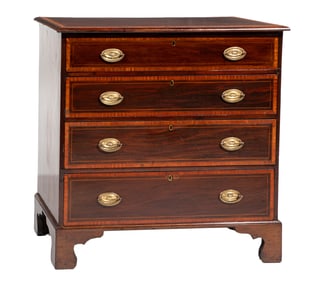 Georgian Inlaid Satinwood Mahogany Chest of Drawers h. 38 in., w. 37 5/8 in., d. 20 3/4 in.
