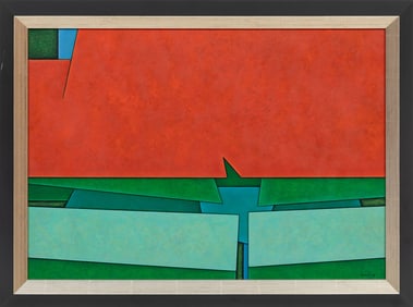 Gunther Gerzso, Mexican 1915-2000, Naranja-Azul-Verde, oil on masonite, 18 in. x 25 1/2 in