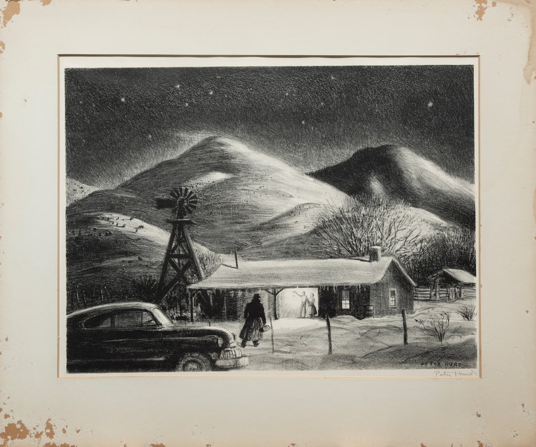 Peter Hurd, American/New Mexico 1904-1984, The Late Call, lithograph, 13 1/2 in. x 18 3/8 in: Peter HurdAmerican/New Mexico, 1904-1984The Late Calllithograph1949, signed in plate lower right, pencil-signed lower right margin, 13 1/2 in. x 18 3/8 in., unframed.13 1/2 in. x 18 3/8 in