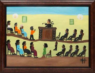 Clementine Hunter, American/Louisiana 1886-1988, Courtroom Scene, oil on canvas board, 22 in. x 30 i