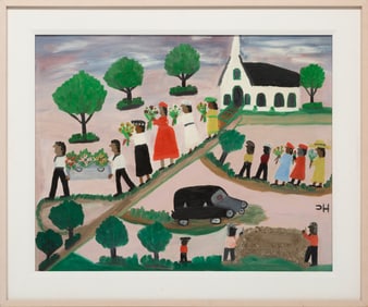 Clementine Hunter, American/Louisiana 1886-1988, Funeral Procession, oil on canvas board, 24 in. x 3