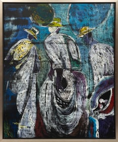 William Tolliver, American/Louisiana 1951-2000, Three Figures Picking Cotton, acrylic on canvas mono