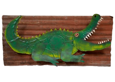 Robert "Dr. Bob" Shaffer, American/Louisiana b. 1952, Alligator, mixed media and pigment on found ti