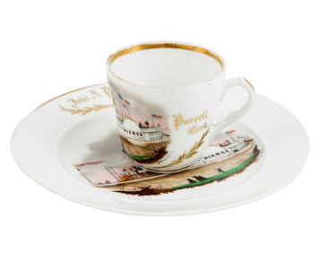 Rudolph T. Lux (German/New Orleans, 1815-1858) Commemorative Porcelain Cup and Plate cup h. 2 3/8 in