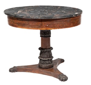 American Late Classical Mahogany Center Table h. 28 3/4 in., w. 33 in., d. 33 in.