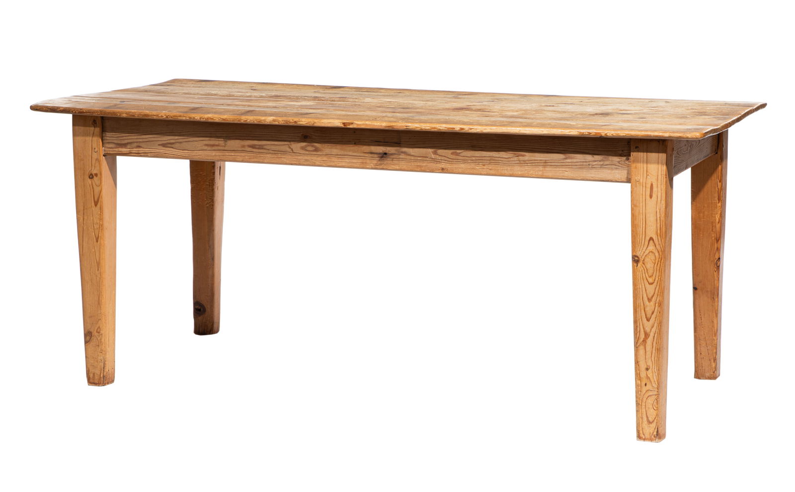 Antique Southern Pine Harvest Table h. 30 in., w. 72 in., d. 33 1/2 in.: Antique Southern Pine Harvest Table, 19th c., found in New Orleans, four board top, square tapered legs, h. 30 in., w. 72 in., d. 33 1/2 in.h. 30 in., w. 72 in., d. 33 1/2 in.