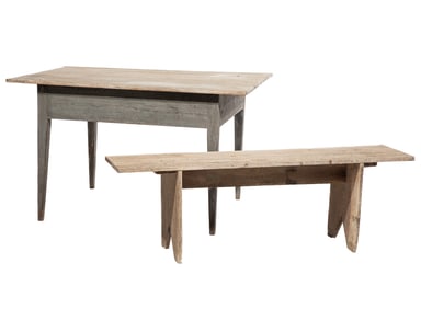 Louisiana Cypress Worktable and Bench table; h. 29 in., w. 49 in., d. 36 1/2 in., bench; h. 17 3/4 i