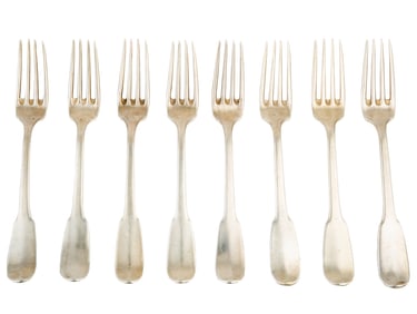 Eight Delarue New Orleans "Uniplat" Coin Silver Forks total weight 13.65 troy ozs.