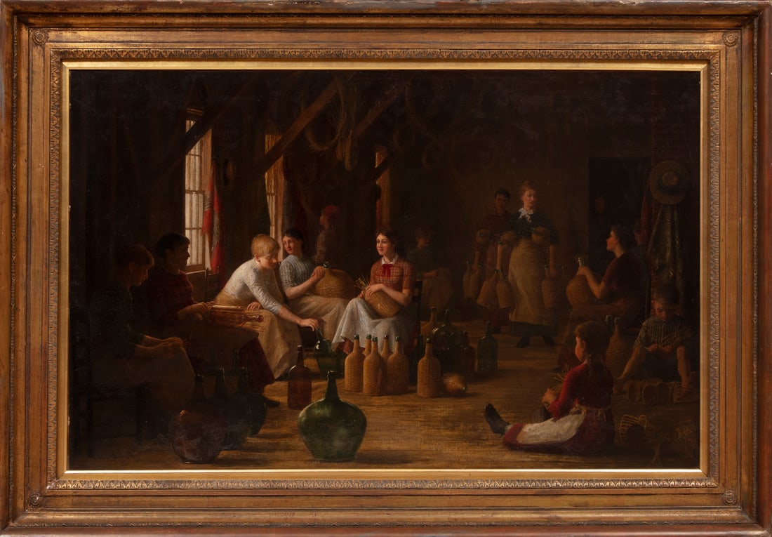Enoch Wood Perry Jr., American 1831-1915, Women Weaving - The Wicker Workers, oil on canvas, 34 1/2 : Enoch Wood Perry Jr. American, 1831-1915 Women Weaving - The Wicker Workers oil on canvas Signed lower left, 34 1/2 in. x 54 in., period frame, overall 45 1/2 in. x 59 1/8 in. x 4 in. Provenance: Boca