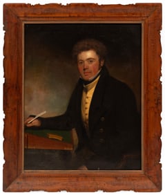 American School , 19th c., Portrait of a Young Gentleman with Writing Desk, oil on canvas, 36 in. x 