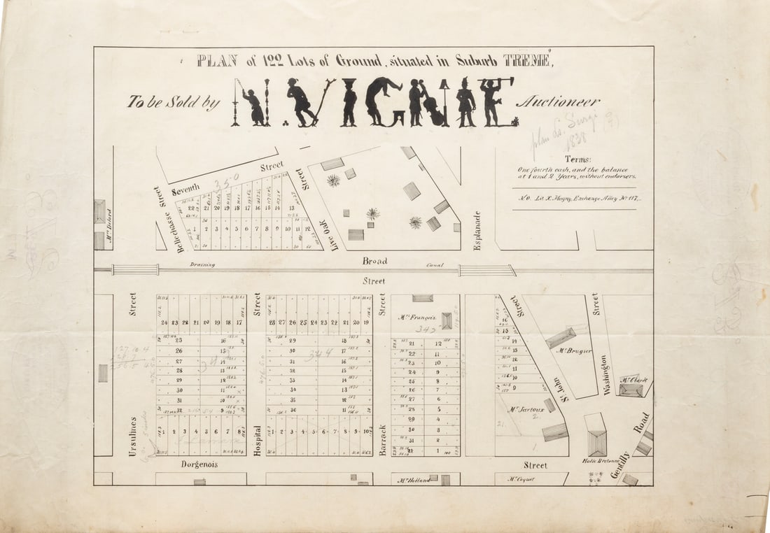 Four Antique New Orleans Real Estate Plans 19 in. x 27 in.: Four Antique New Orleans Real Estate Plans , lithographs, incl. "Lots of Ground to be Sold in Treme", "Sketch of the Plan of the Faubourg Livaudais", "Plan of the Gurlie Prope