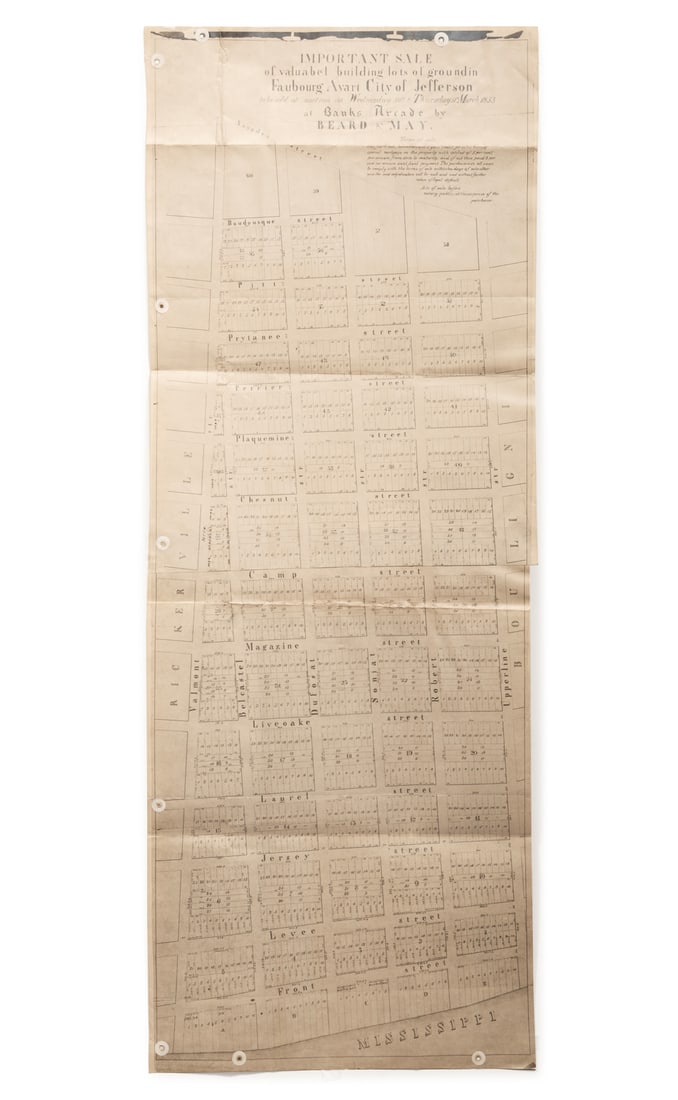 Five Antique New Orleans Manuscript Real Estate Plats largest 11 in. x 33 1/2 in.: Five Antique New Orleans Manuscript Real Estate Plats , incl. 2 plans of Algiers point showing the area around the ferry landings, 1865; a plan for division of lots in the French Quarter, 1810; an 183