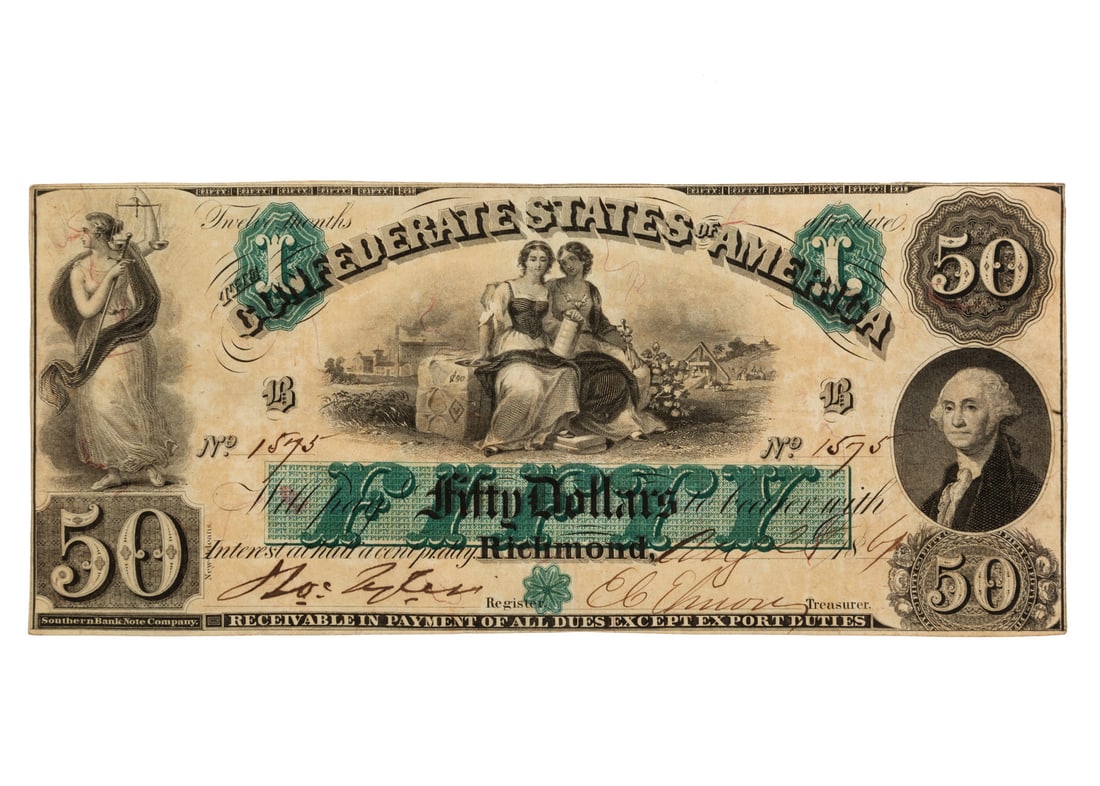 Confederate Note: Confederate Note , T-6, $50, 1861, serial #1575, plate B, signed by Tyler (register), and Elmore (treasurer)