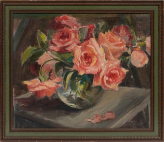 Alberta Kinsey, American/Louisiana 1875-1952, Still Life of Pink Roses, oil on canvas laid on board,