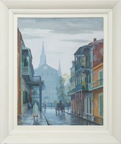 Clarence Millet, American/Louisiana 1897-1959, Orleans St. Rainy Day - New Orleans, oil on canvas bo