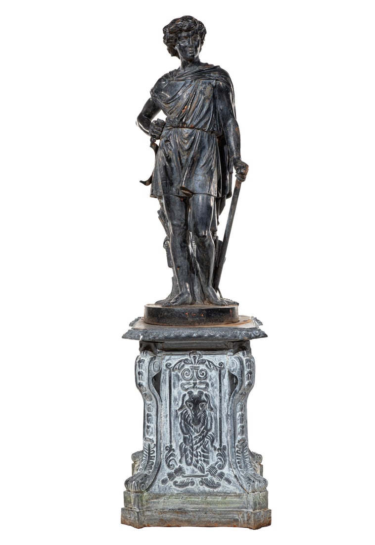 Continental Cast-Iron Garden Figure and Pedestal: Continental Cast-Iron Garden Figure and Pedestal , allegorical figure of Harvest, h. 50 in., w. 22 in., d. 16 in., on a relief-cast pedestal, total h. 82 in. Provenance: Collection of Dr. Bruce Wilson