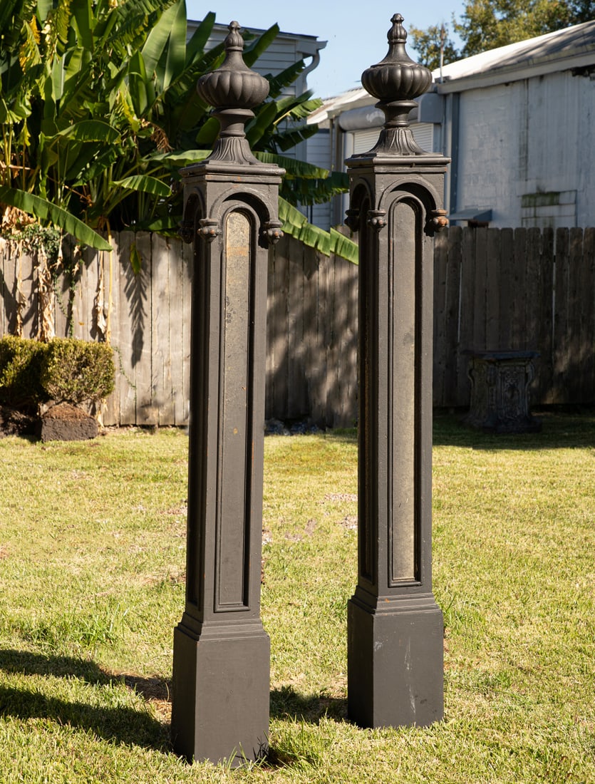 Pair of American Cast-Iron Garden District Fence Posts h. 90 in., w. 10 in., d. 10 in.: Pair of American Cast-Iron Garden District Fence Posts , h. 90 in., w. 10 in., d. 10 in. h. 90 in., w. 10 in., d. 10 in.