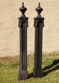 Pair of American Cast-Iron Garden District Fence Posts h. 72 in., w. 8 in. d. 8 in.