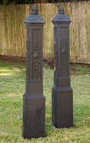Pair of American Cast-Iron Garden District Fence Posts h. 60 in., w. 8 in., d. 8 in.