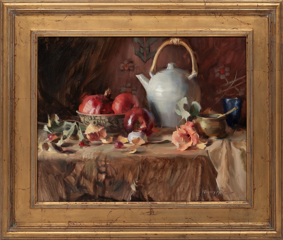 Quang Ho, Vietnamese/Colorado b. 1963, Apple and Rose Petal Tea, oil on canvas, 19 in. x 24 in: Quang HoVietnamese/Colorado, b. 1963Apple and Rose Petal Teaoil on canvas1996, signed lower right, signed, titled and dated en verso, gallery label on stretcher, 19 in. x 24 in., framed, overall 26 7/