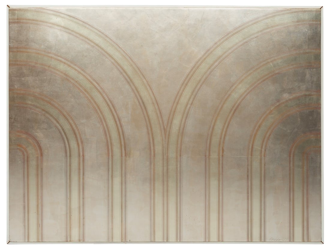 George Bauer Dunbar, American 1927-2024, Untitled, gold and metal leaf on red clay, 36 in. x 48 in: George Bauer DunbarAmerican, 1927-2024Untitledgold and metal leaf on red clay1973, signed and dated lower right, 36 in. x 48 in., framed, overall 37 in. x 49 in. x 1 1/4 in.36 in. x 48 in