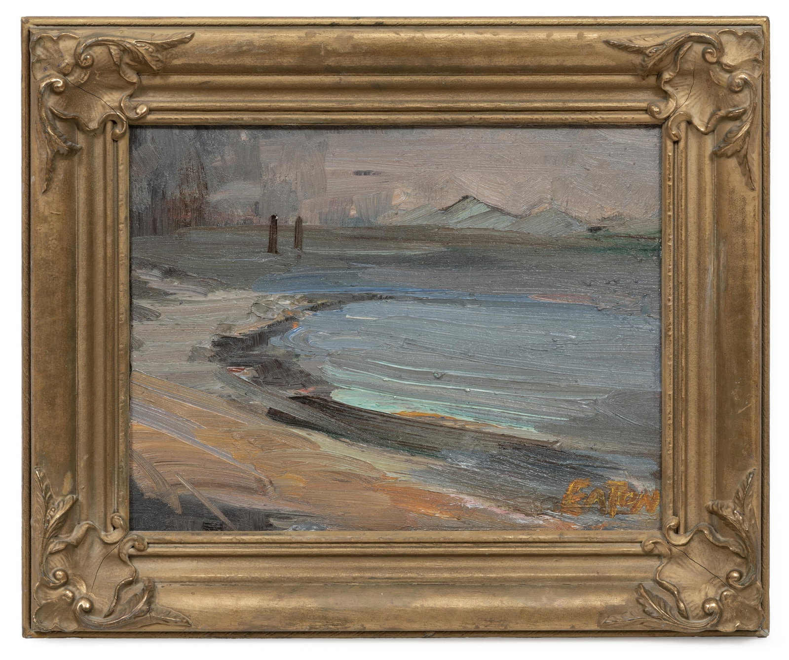 Chelsea Dingle Eaton, American 1898-1950, "Coastline", oil on canvas board, 10 x 12 3/4 in. (25.4 x: Chelsea Dingle Eaton American, 1898-1950 "Coastline" oil on canvas board c. 1930, signed lower right, exhibition label with artist, title and date on reverse of frame, framed. 10 x 12 3/4 in
