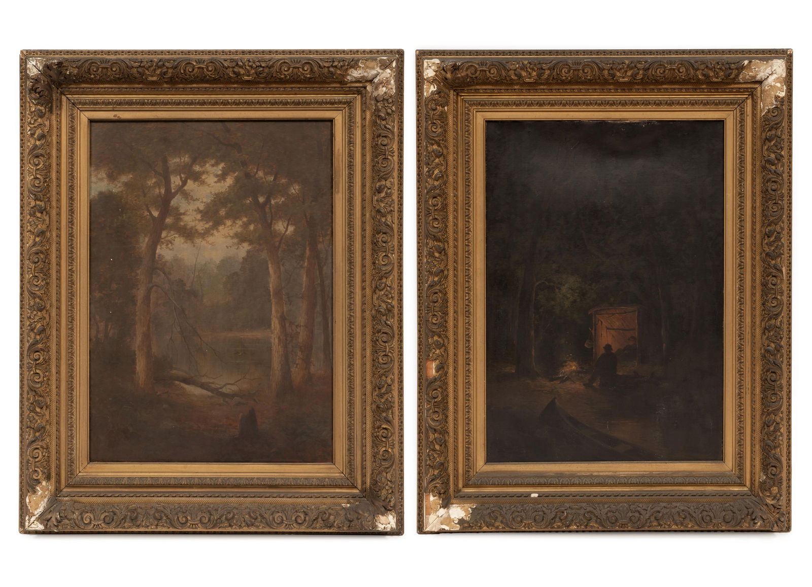 American School early 20th c., "By the Fire" and "View through the Trees", 2 oils on canvas, Each: (1 of 5)