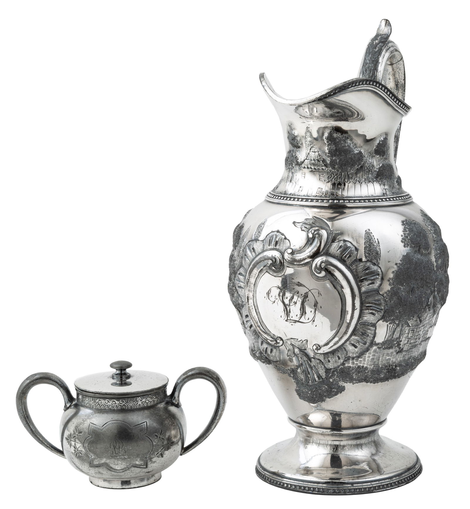 American Victorian Silverplate Water Pitcher and Associated Covered Sugar Bowl, pitcher h. 14 in., (1 of 6)