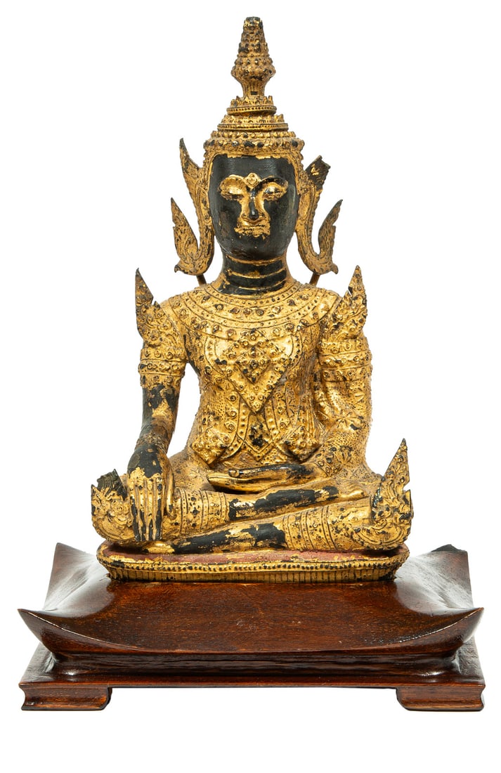 Thai Gilt-Lacquered Bronze Figure of Buddha: Thai Gilt-Lacquered Bronze Figure of Buddha , Rattanakosin Period (1782-1932), modeled seated in dhyanasana with hands held in bhumisparsha mudra, wearing elaborately decorated clothing and a tiered c