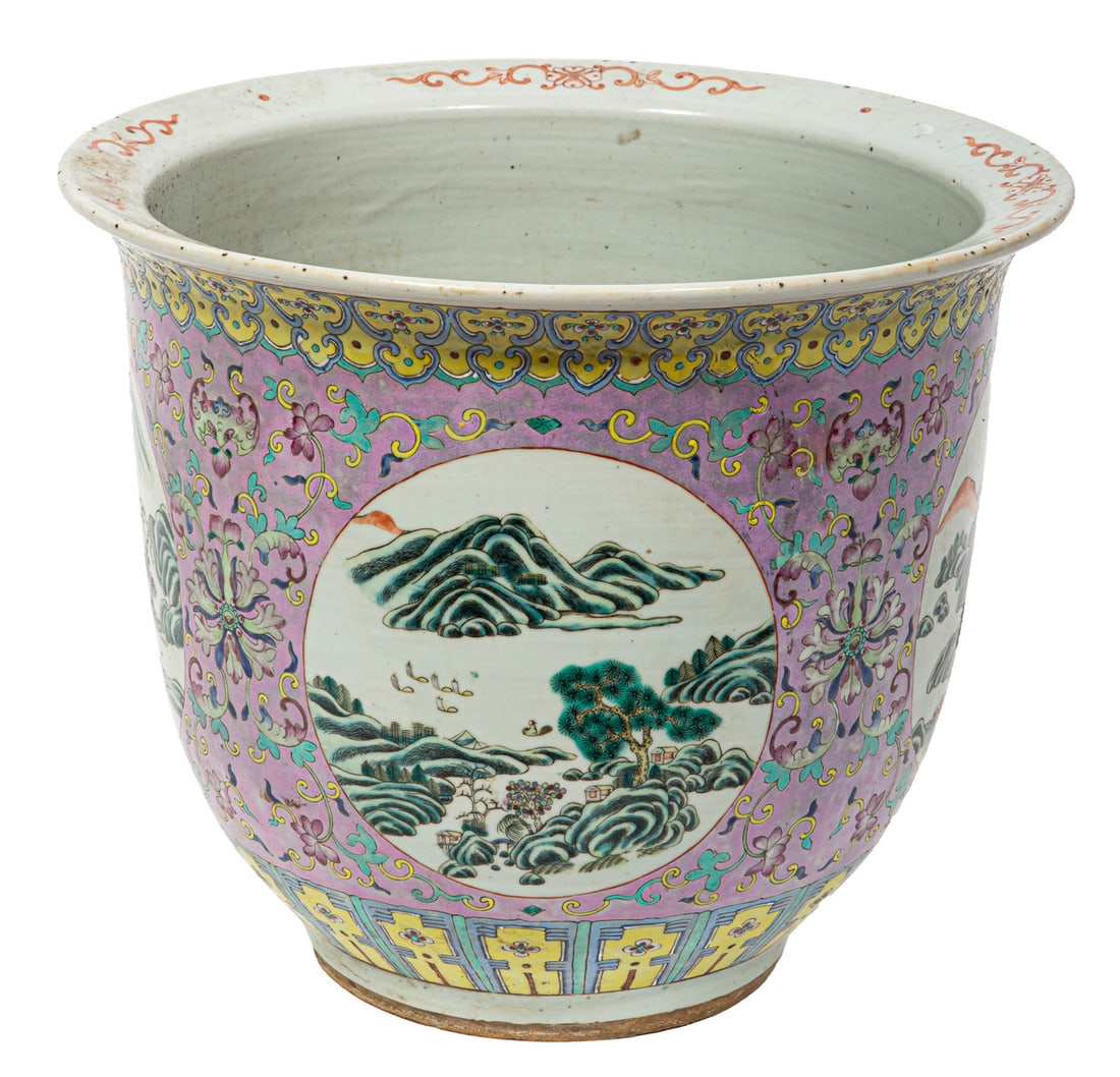 Chinese Famille Rose Porcelain Jardiniere: Chinese Famille Rose Porcelain Jardiniere, painted with landscapes and seascapes on a purple-ish pink ground with bats and lotus heads, h. 13 1/2 in., dia. 16 in.Provenance: Estate of Sybil M. Favrot,