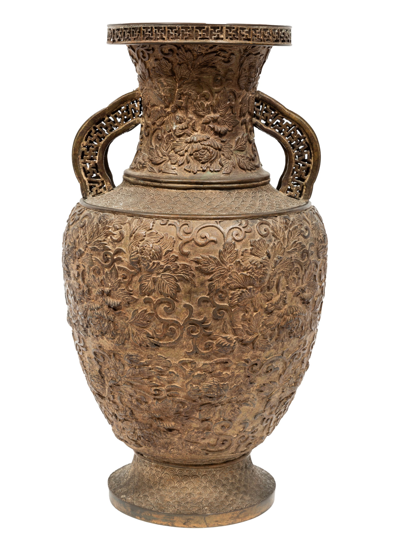Asian Bronze Vase: Asian Bronze Vase , everted rim and shaped handles with pieced fretwork, body and neck with raised peony scrolls, remnant gilding throughout, lacking base, h. 17 3/4 in.