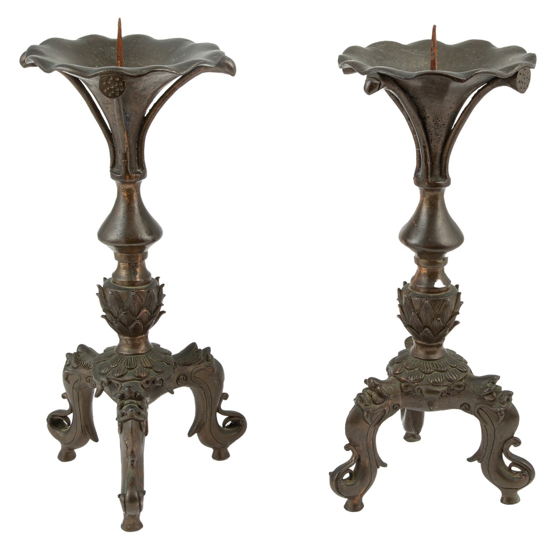 Pair of Antique Chinese Bronze Tripod Pricket Stands (1 of 12)
