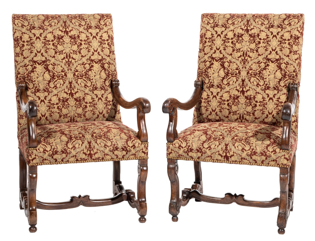Pair of Continental Baroque-Style Carved Walnut Armchairs (1 of 4)