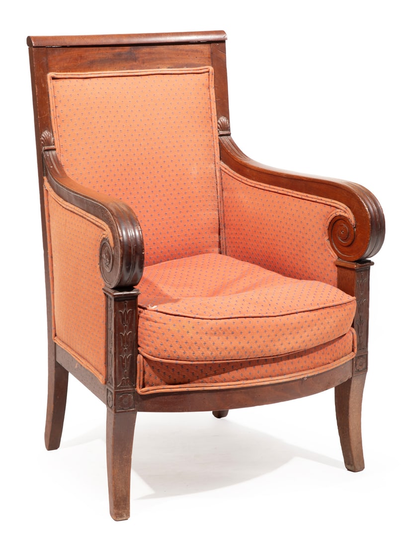 French Restauration Mahogany Bergere: French Restauration Mahogany Bergere, 19th c., molded crest rail, scrolled arms, conforming seat rail, sabre legs, h. 36 1/2 in., w. 25 in., d. 21 in.