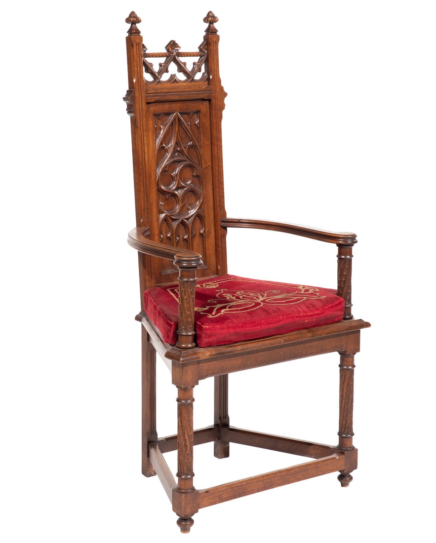 English Gothic Revival Carved Walnut Hall Chair H. 48.5 in ., w 24 in., d 17 in. (1 of 4)
