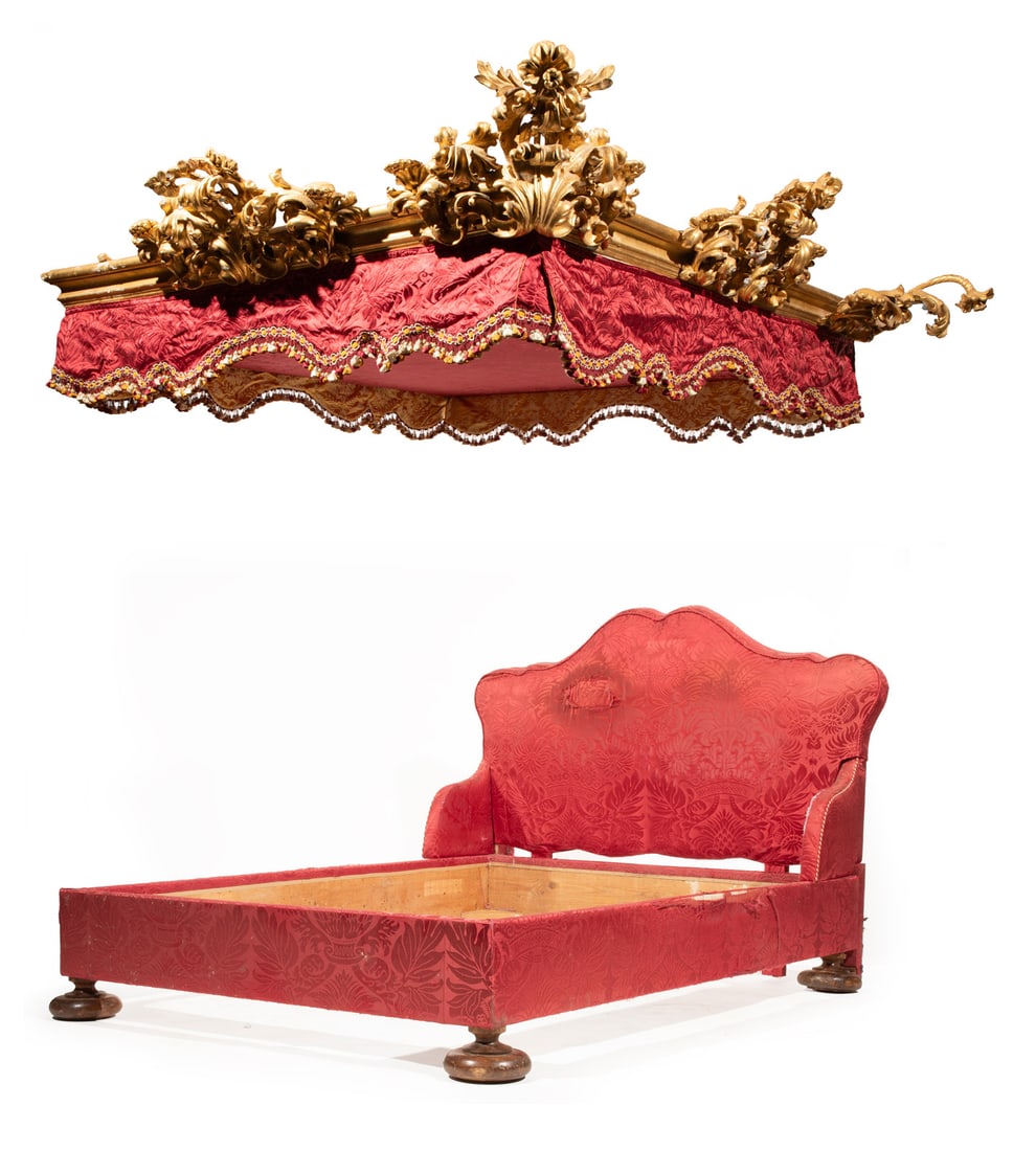 Baroque-Style Bedstead and Tester: Baroque-Style Bedstead and Tester, tester with 19th c. giltwood foliate elements, shaped headboard, box rails, large turned feet, w. 60 in., l. 82 in.